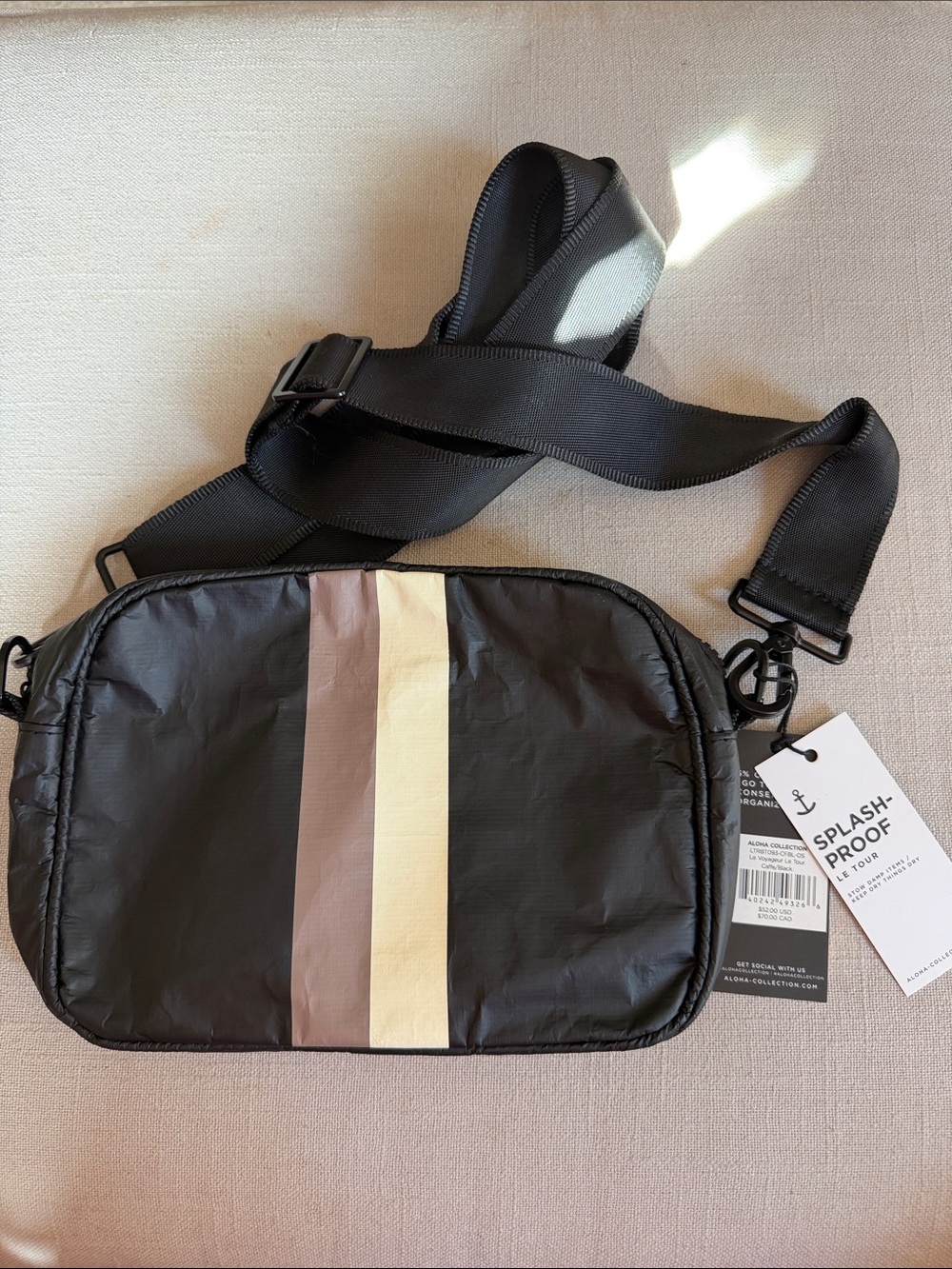 ALOHA Collection Black Crossbody with Beige and Taupe Stripes
